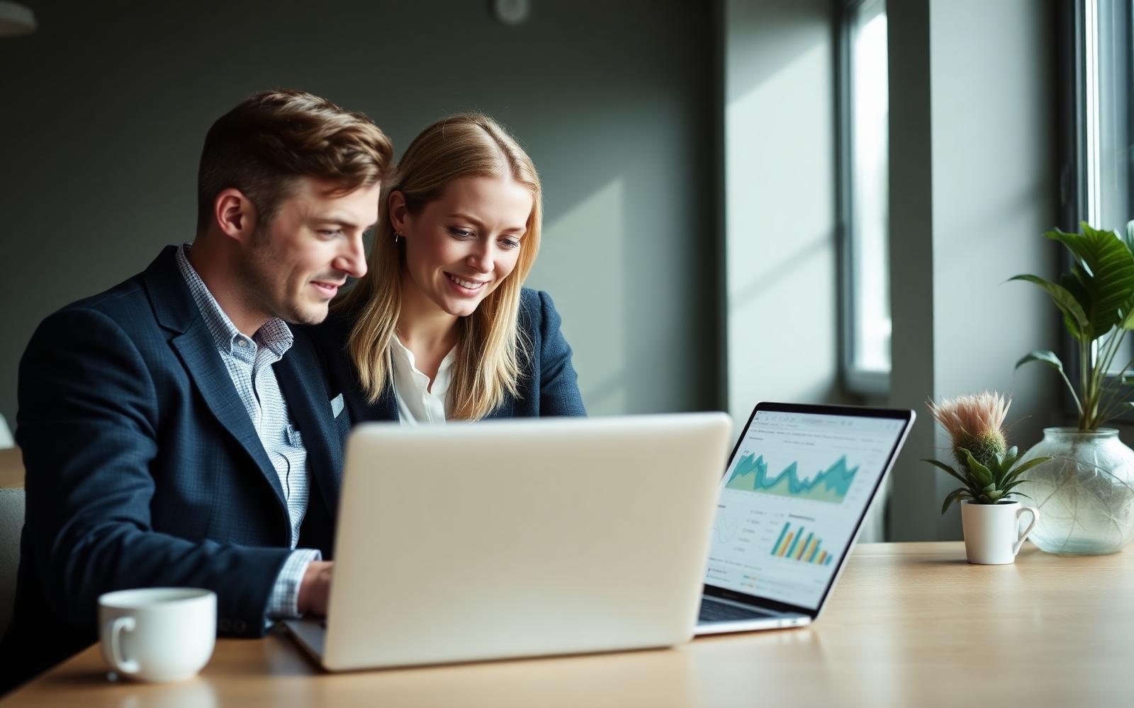 To kolleger gennemgår webstatistik på en bærbar computer
