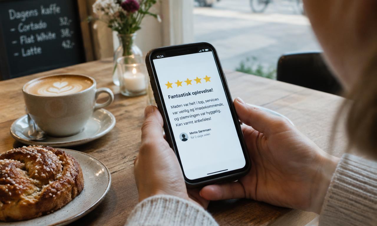 Kunde læser en femstjernet anmeldelse på mobiltelefon på café