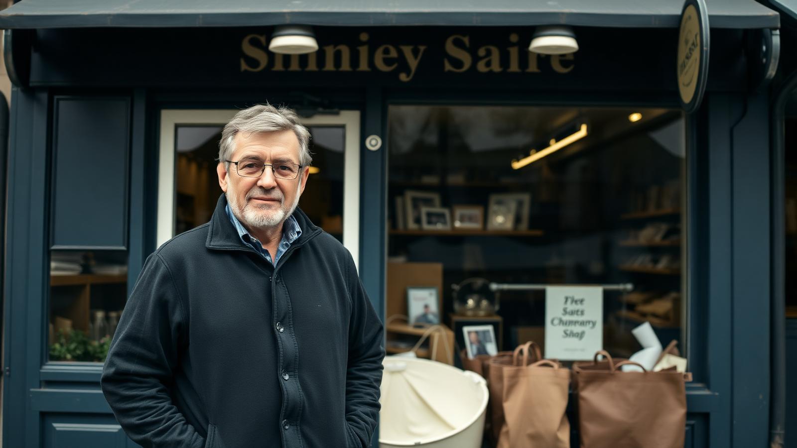 Lokal butiksejer foran sin forretning i en dansk by