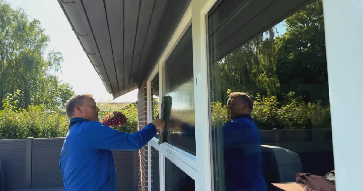 Vinduespolerer rengør store vinduer på et dansk hus med teleskopstang