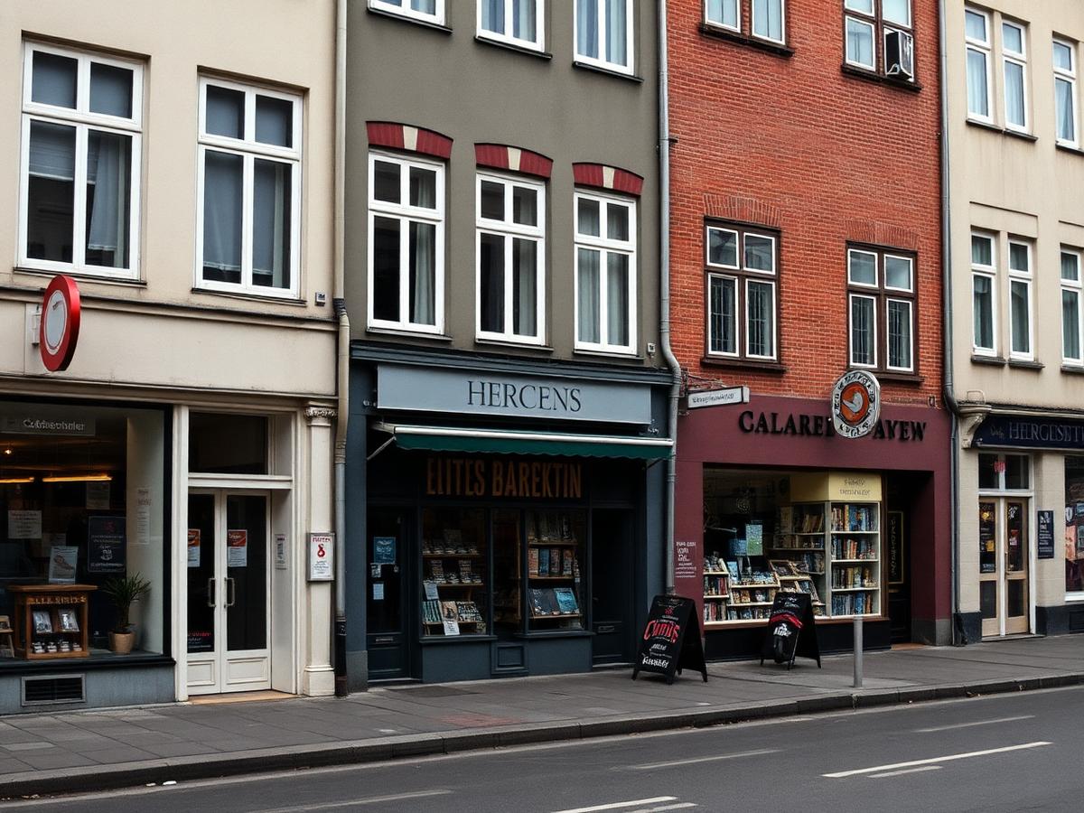Butiksfacader på en dansk handelsgade en gråvejrsdag