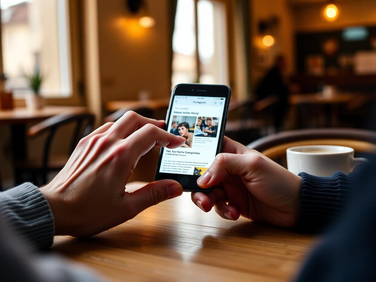 Hænder holder en telefon med en mobilhjemmeside på en café