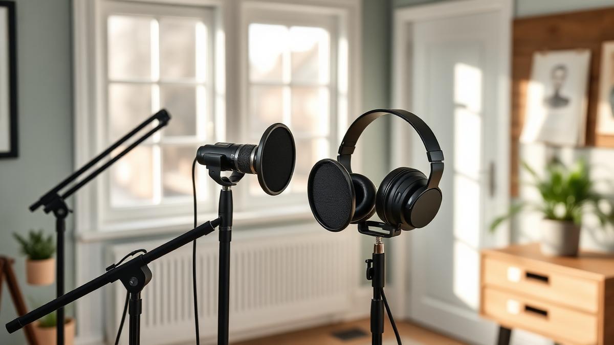 Mikrofoner og hovedtelefoner i et lyst podcaststudie